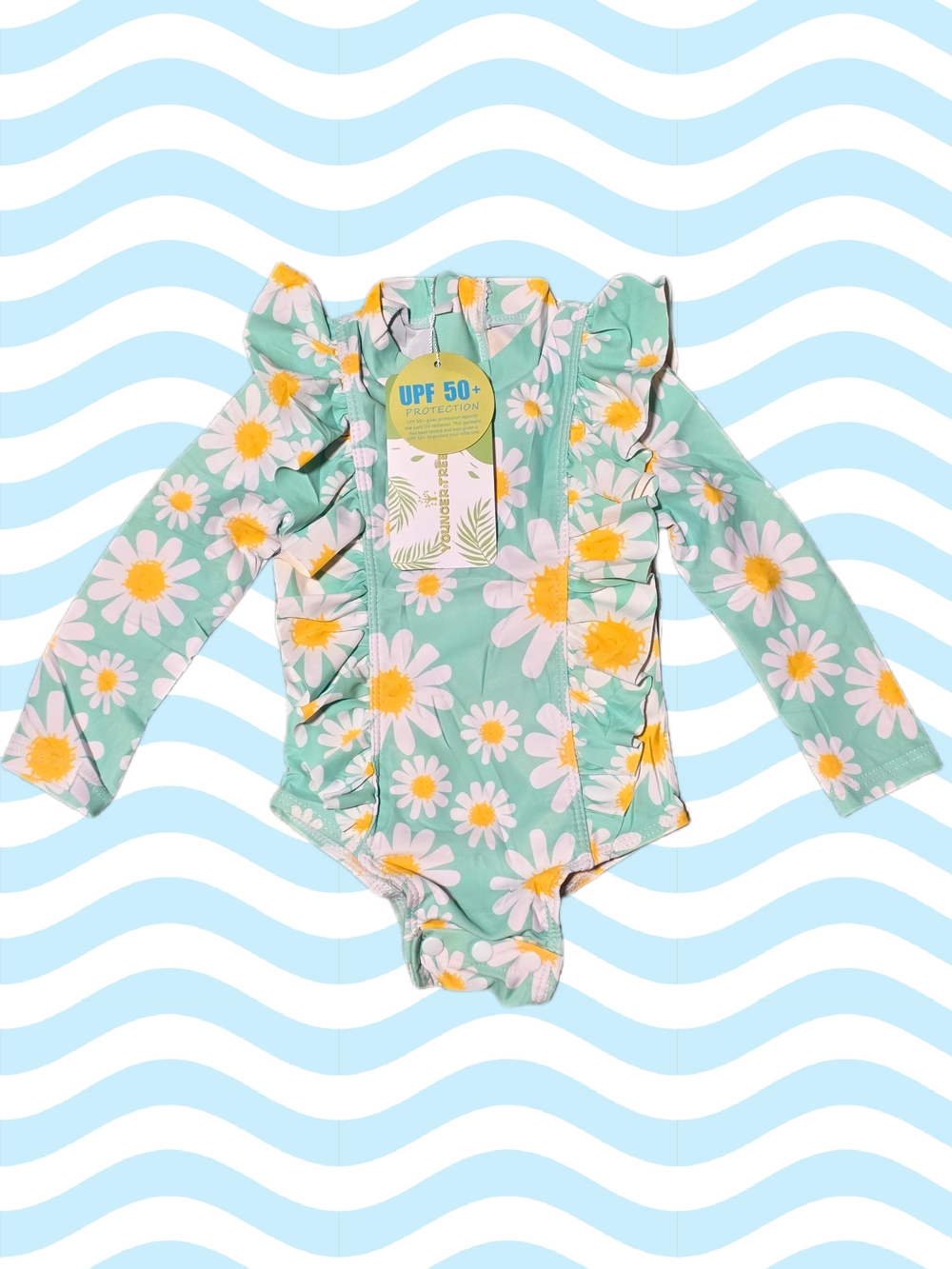 YoungerTree - Baby Daisy Ruffle Long Sleeve Swim Onesie - Mint & Yellow